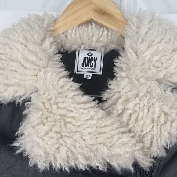 Juicy Couture Jacket Faux Leather Bomber Motorcycle Fur Collar Coat Black Sz XS - Picture 3 of 9